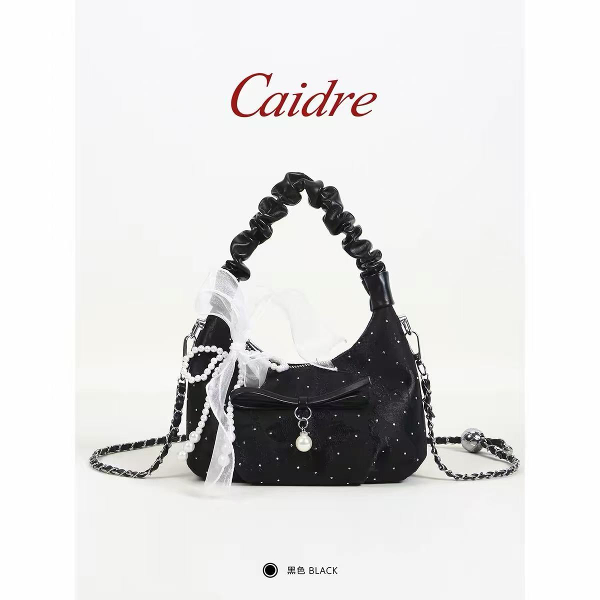 White Satin Jacquard Hobo Bag with Pearl Bow & Chain Strap — Fairy Bridal Underarm Bag, Mini Evening Shoulder Bag for Wedding / Prom / Date Night