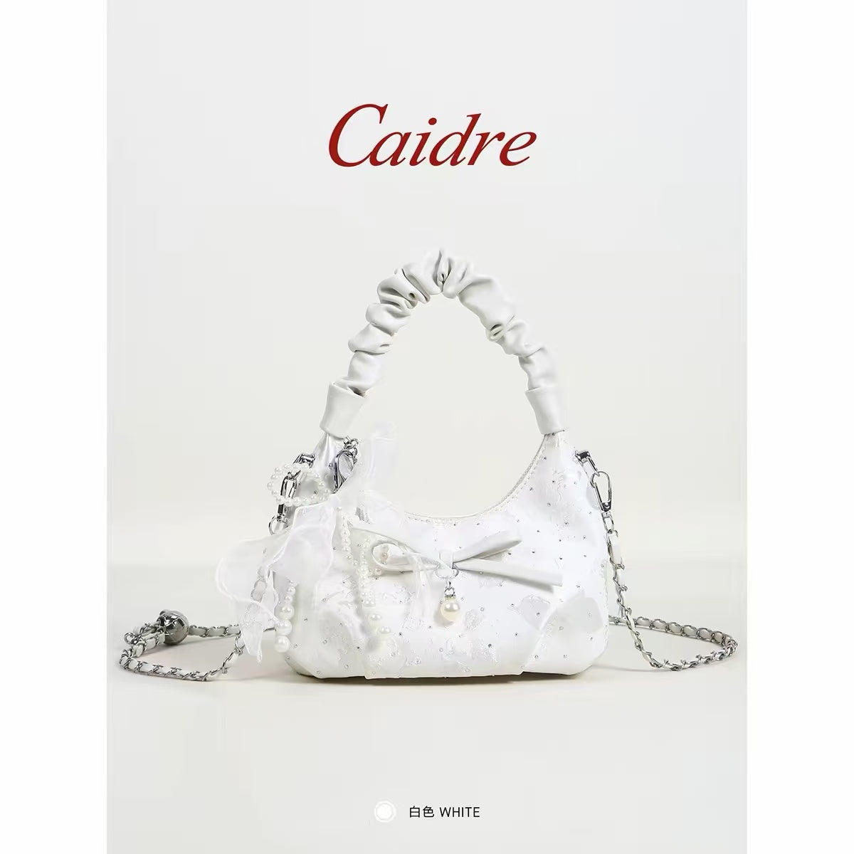 White Satin Jacquard Hobo Bag with Pearl Bow & Chain Strap — Fairy Bridal Underarm Bag, Mini Evening Shoulder Bag for Wedding / Prom / Date Night