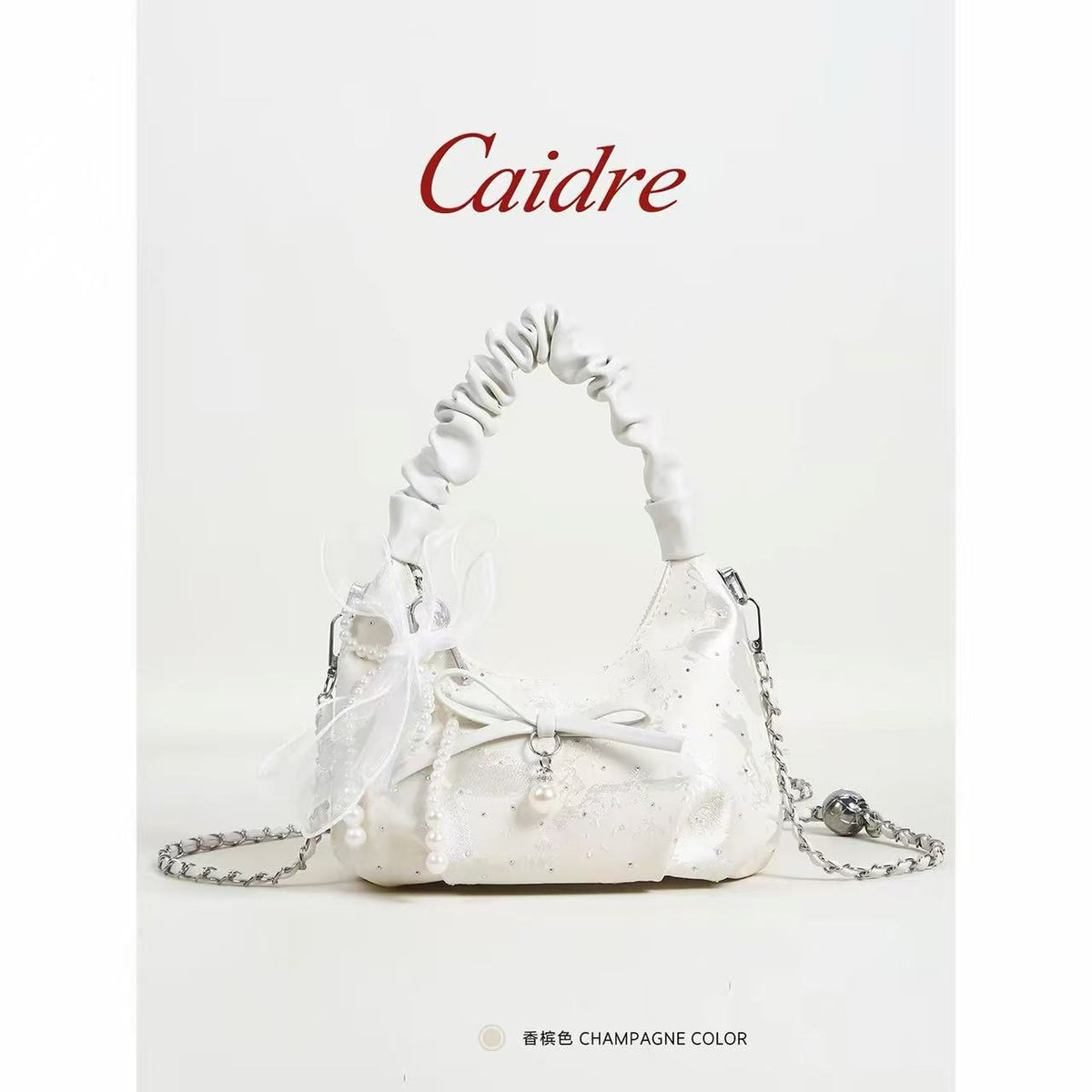 White Satin Jacquard Hobo Bag with Pearl Bow & Chain Strap — Fairy Bridal Underarm Bag, Mini Evening Shoulder Bag for Wedding / Prom / Date Night