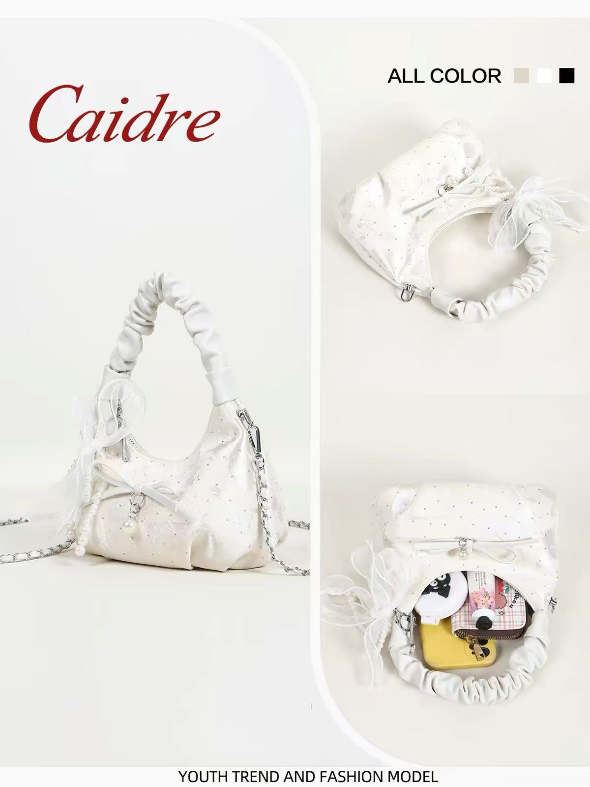 White Satin Jacquard Hobo Bag with Pearl Bow & Chain Strap — Fairy Bridal Underarm Bag, Mini Evening Shoulder Bag for Wedding / Prom / Date Night
