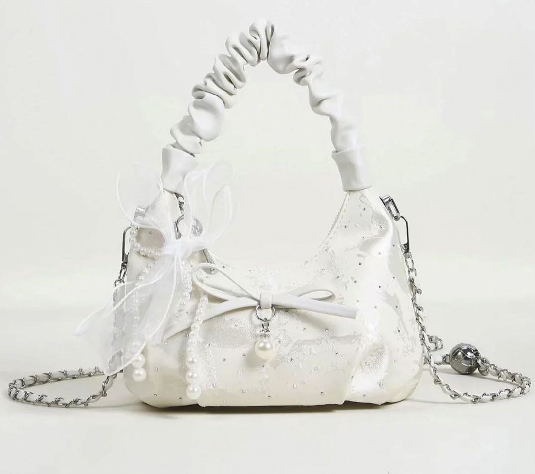 White Satin Jacquard Hobo Bag with Pearl Bow & Chain Strap — Fairy Bridal Underarm Bag, Mini Evening Shoulder Bag for Wedding / Prom / Date Night